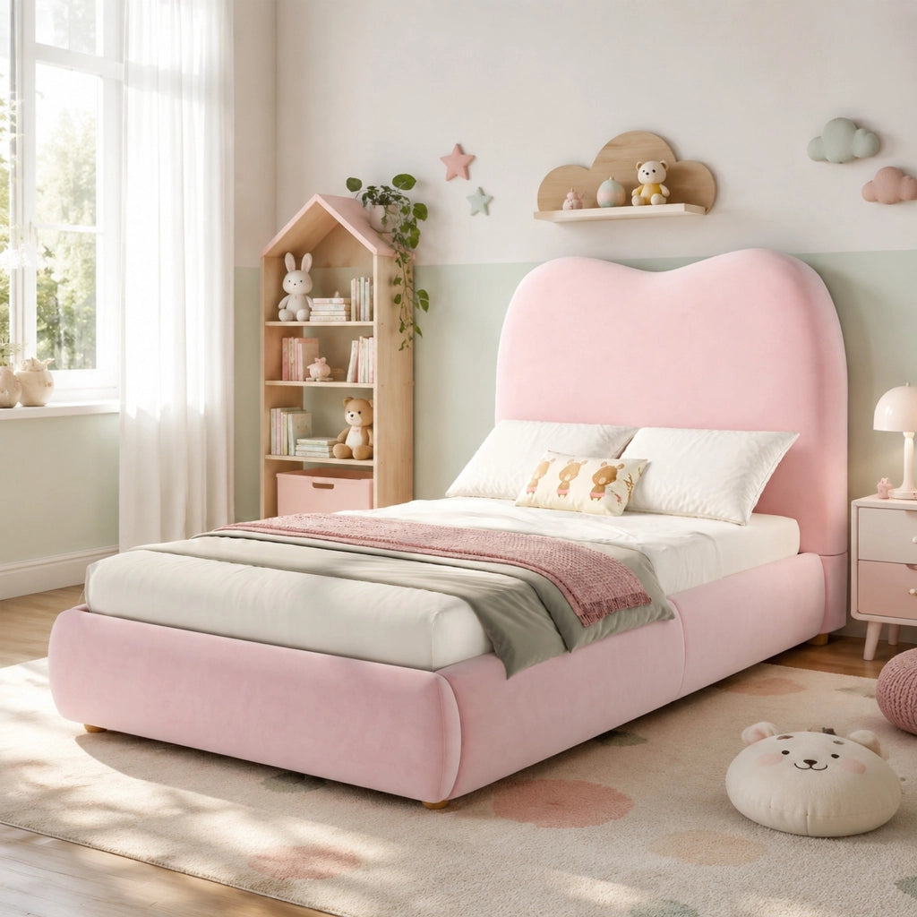 Letto imbottito singolo per bambini 90x200 cm in velluto rosa con contenitore idraulico e rete a doghe