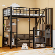 Letto a soppalco 90x200 cm con scala contenitore, struttura in metallo e legno, nero