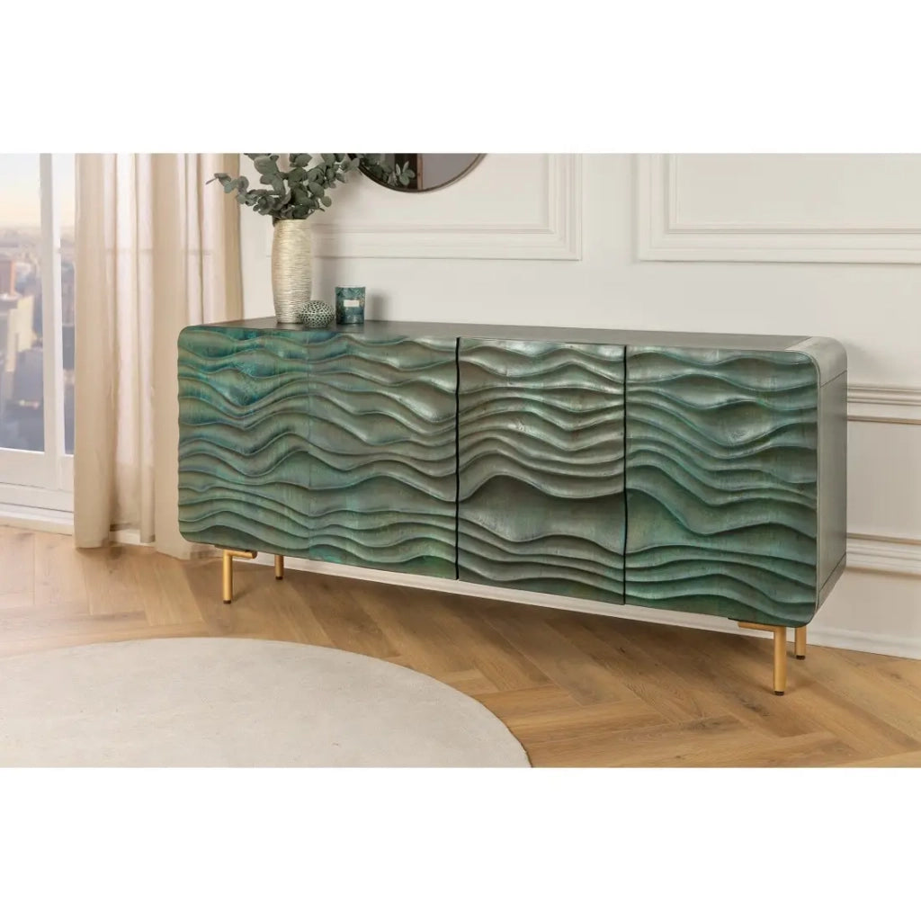 Buffet ONDARA 160 cm – Legno Massiccio Verde Scolpito – Piedi Dorati – Design Contemporaneo