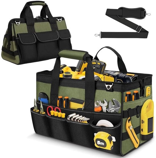 Tas per professionisti con 21 cassette, robusta valigetta per elettricisti e meccanici, contenitore per strumenti con chiusura a zip, cinturino e maniglie imbottite, regalo per uomini
