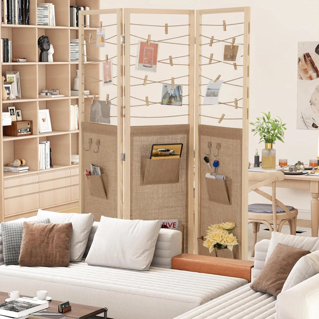 Paravento a 3 Pannelli, Separé Divisorio Pieghevole con 8 Tasche, 4 Ganci, Corde di Iuta per Appendere e 20 Clip in Bambù, Separatore di Spazio in Legno Boho per Casa e Negozi