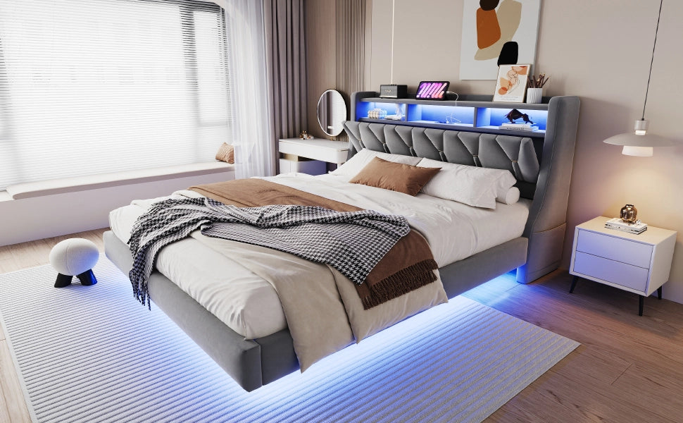 DESMIU Letto imbottito 180 × 200 cm 2 posti con USB, Type-C, LED e vani portaoggetti, senza materasso, grigio