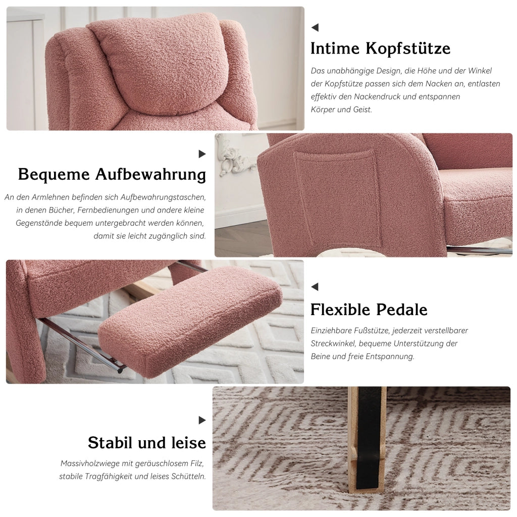 Poltrona a dondolo relax con poggiapiedi pieghevole e schienale ergonomico in tessuto teddy rosa per salotto