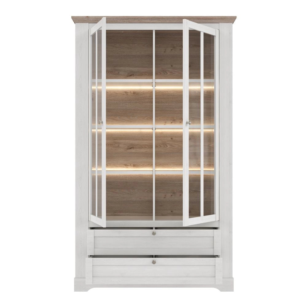 Vetrina Forma 2 Ante con Vetro, 2 Cassetti e Luci LED Rovere Bianco Neve e Olmo Scuro – Esposizione di Grande Impatto