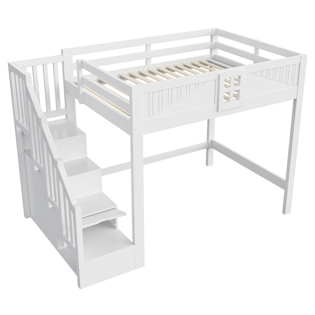 Letto a soppalco matrimoniale 140×200 cm con scaletta laterale; ripiani e barriera; senza materasso; legno; bianco