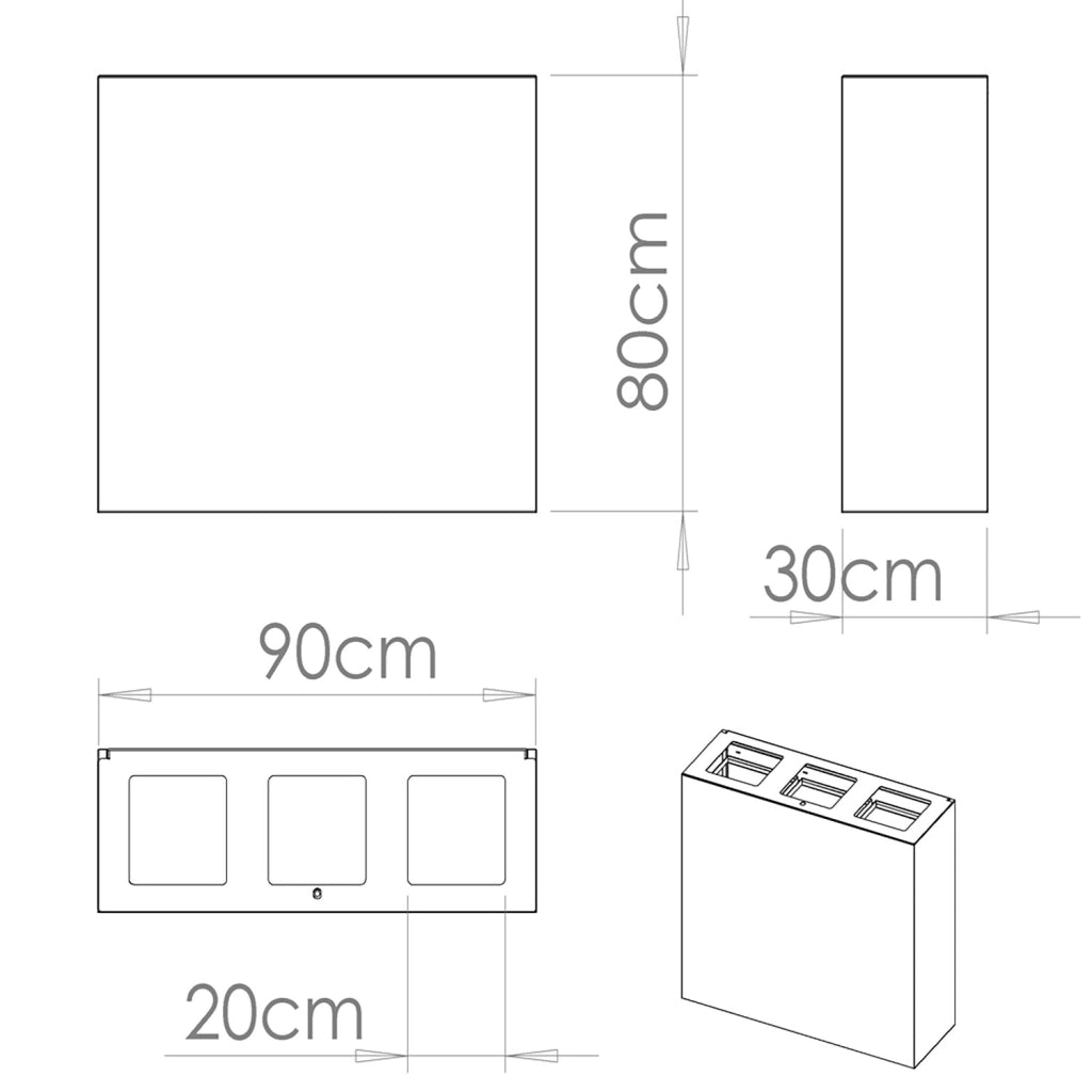 Pattumiera per Raccolta Differenziata 3 Scomparti Capacità 180 lt 90x30x80 cm in Acciaio Corten