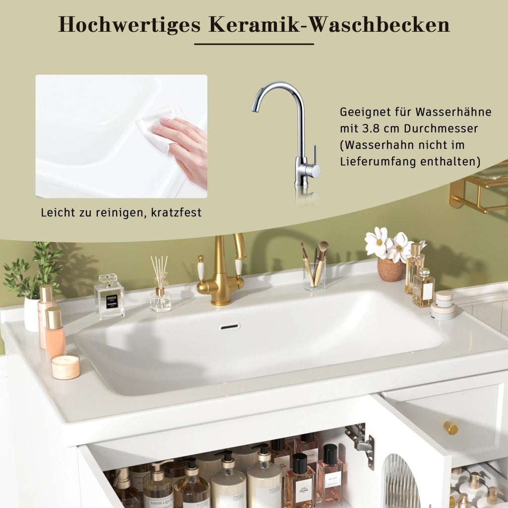 Mobile sottolavabo con lavabo in ceramica, 2 cassetti e anta in vetro, ripiani regolabili, per bagno, bianco
