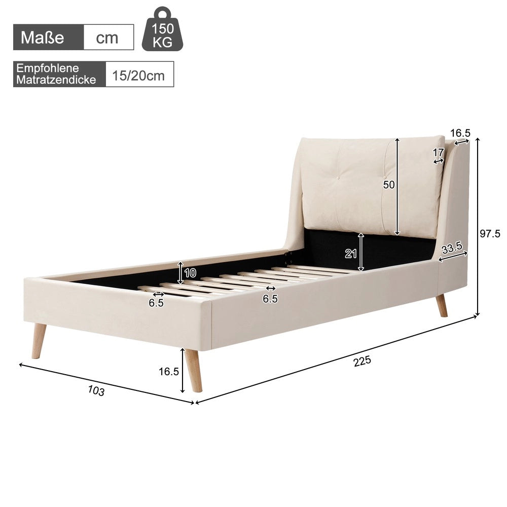 Letto Singolo Imbottito con Testiera e Rete a Doghe ¨C MINIMAL ¨C Velluto Beige 90x200