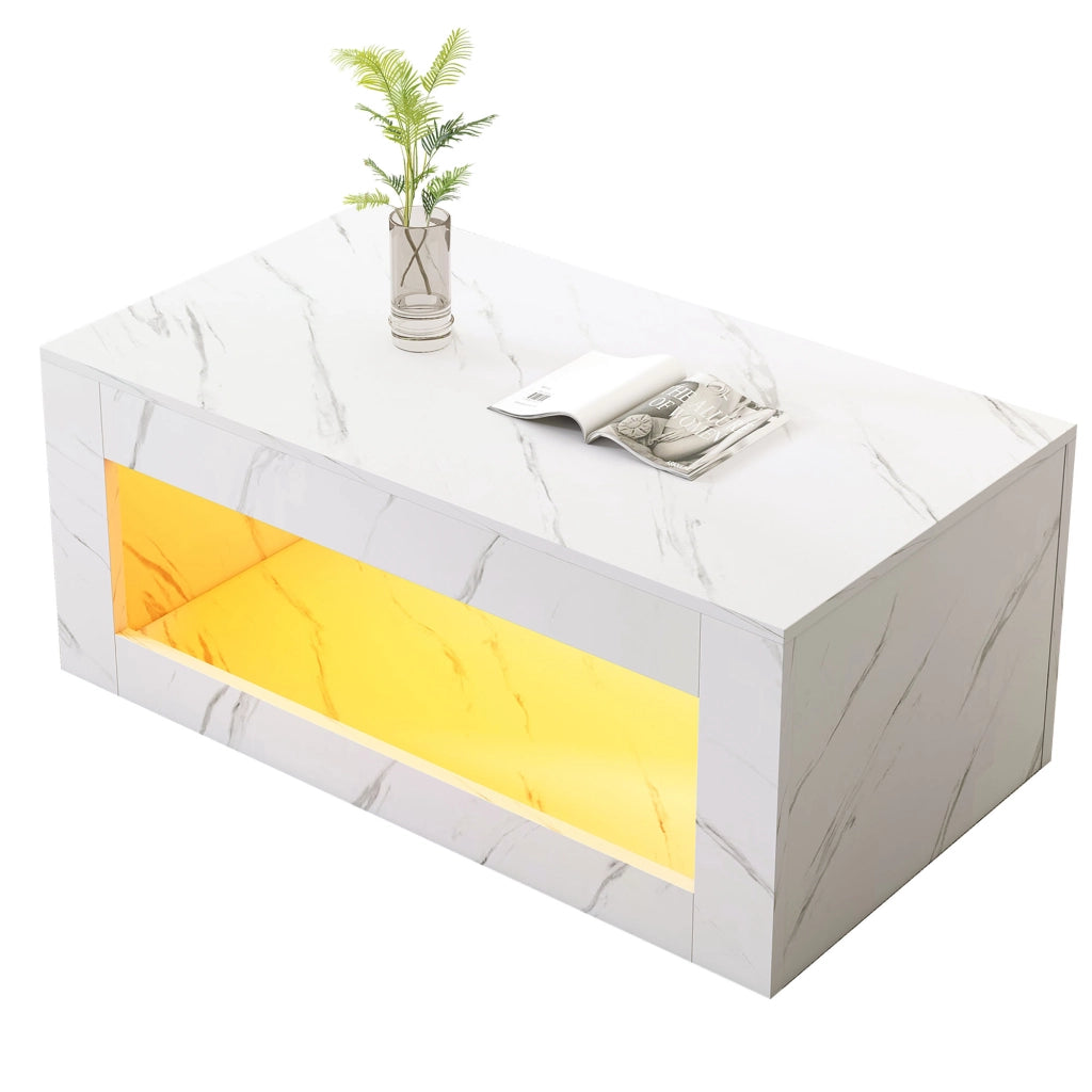 Tavolino da salotto LED con vano aperto; piano effetto marmo lucido; in truciolare; bianco; 100 × 50 × 50 cm