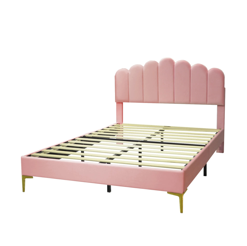 Letto imbottito matrimoniale 140x200 cm con testiera regolabile in velluto rosa e rete a doghe