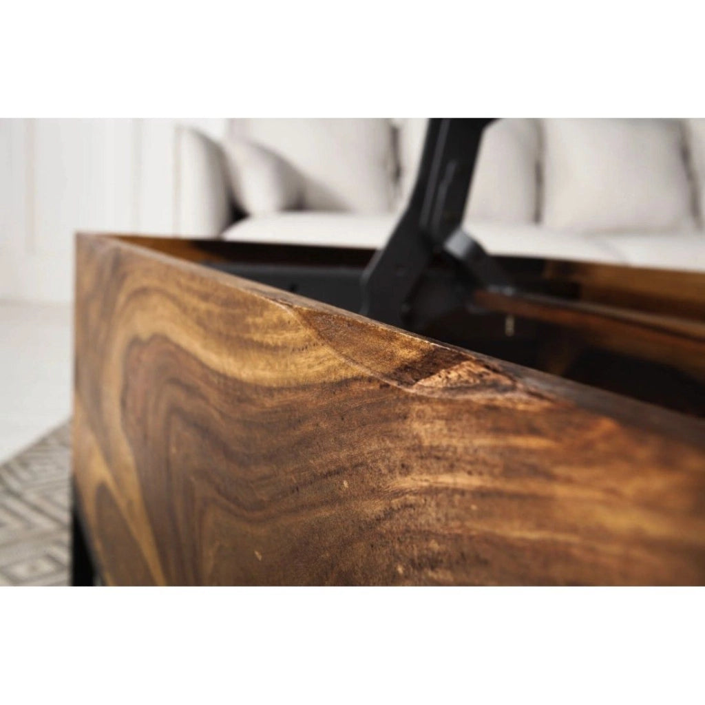Tavolino basso ORBO in legno massiccio 110 cm – Piano sollevabile e contenitori integrati