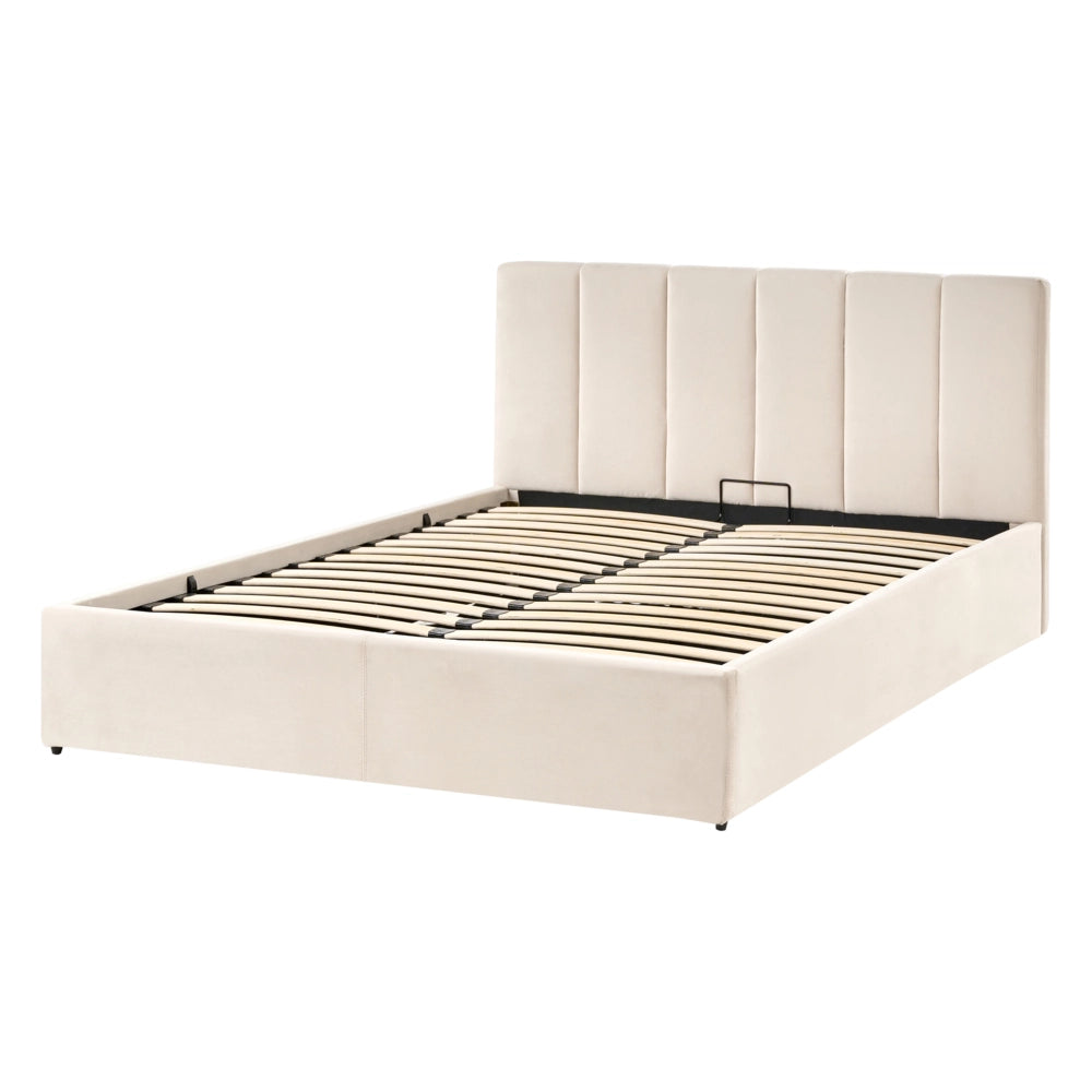 Letto contenitore Rivestimento in velluto beige 140 x 200 cm con testiera a doghe