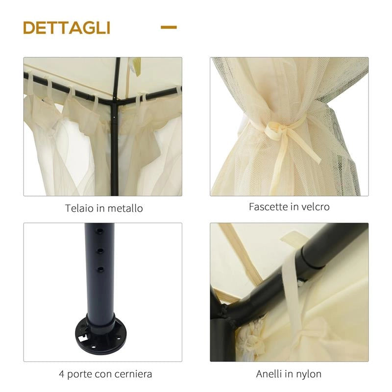 GAZEBO DA GIARDINO CON PALETTI E CORDE DOPPIO TETTO ZANZARIERA PARETI LATERALI BEIGE 294 X 294 X 263 CM