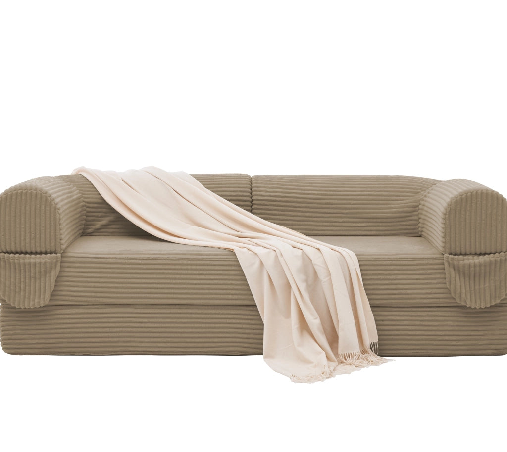 Divano letto 2 posti trasformabile in tessuto corduroy marrone, design salvaspazio