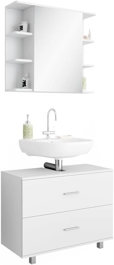 Set mobili bagno Ilias, Bianco, 80.2 cm, composto da specchio da bagno e mobile sottolavabo