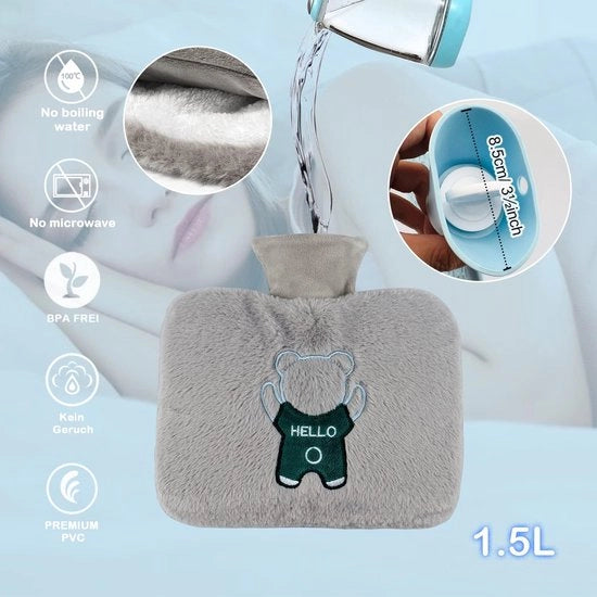 Flessa di acqua calda con coperchio, 1,5 litri, grande fiaschetta di acqua calda, fiaschetta per bambini e donne, fiaschette di acqua calda soffice per guanciali di acqua calda, mestruazioni, fiaschetta di acqua calda come regalo per l'inverno, grigio