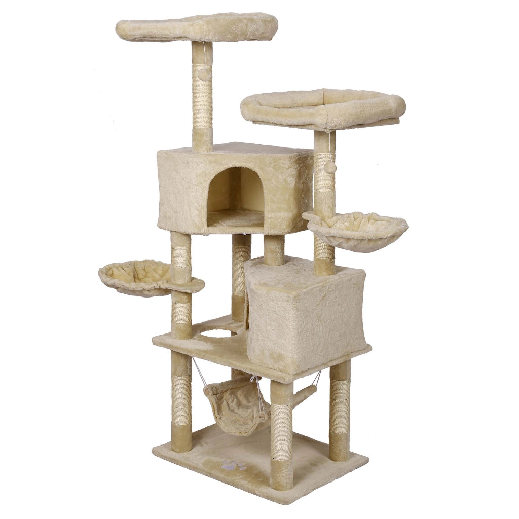 Albero tiragraffi beige con motivo a zampe 145cm Con amache, cucce per gatti e palline
