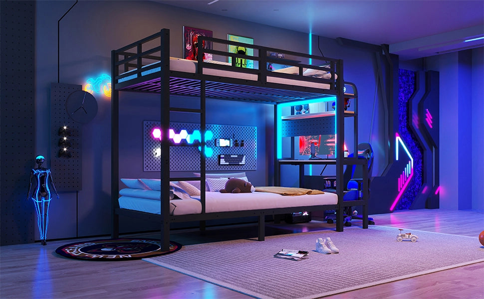 DESMIU Letto a soppalco 90 × 200 cm 1 posto con scrivania, mensole, LED e USB, senza materasso, in metallo, nero