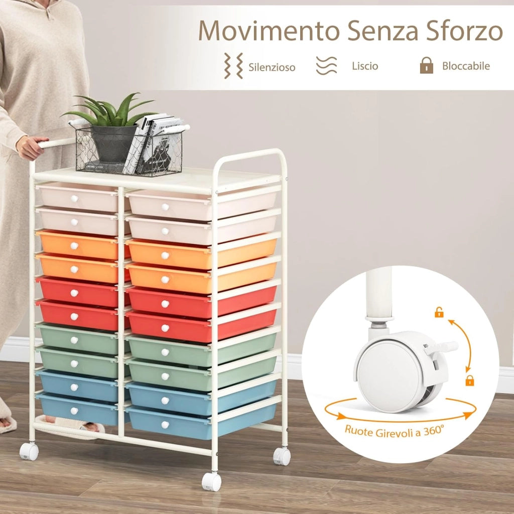 Carrello di Stoccaggio con 20 Cassetti, Carrello portaoggetti con 4 Ruote, Carrello Multiuso per Scuola Ufficio Cucina, 64 x 39 x 88 cm (Colorato 2)