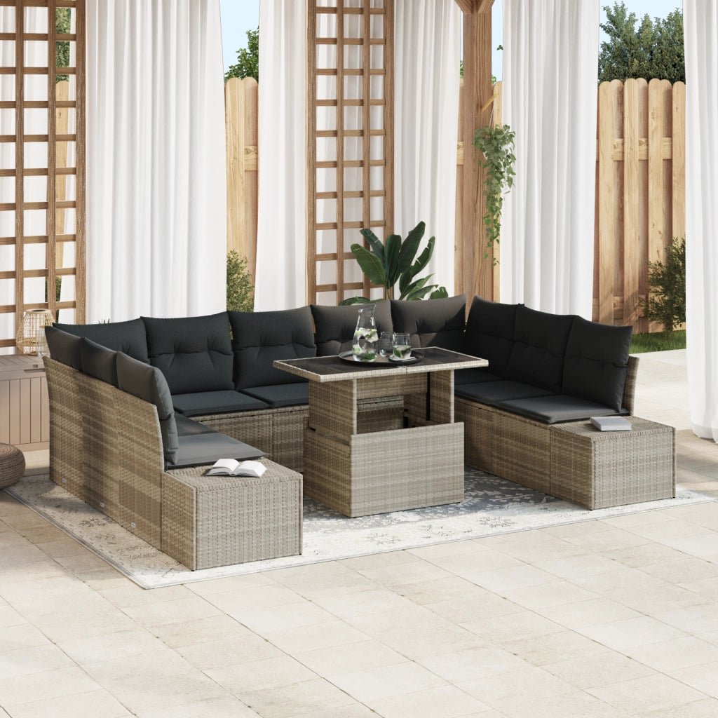 Set di divano da giardino da 10 pezzi con cuscini grigio chiaro in rattan sintetico