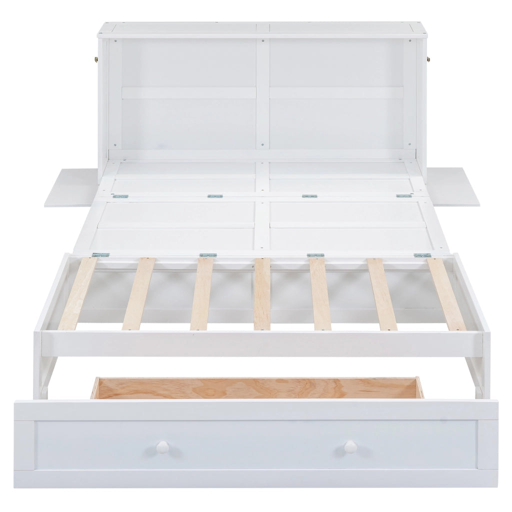 Letto salvaspazio matrimoniale 140×200 cm con cassetto e ripiani; senza materasso; legno; bianco