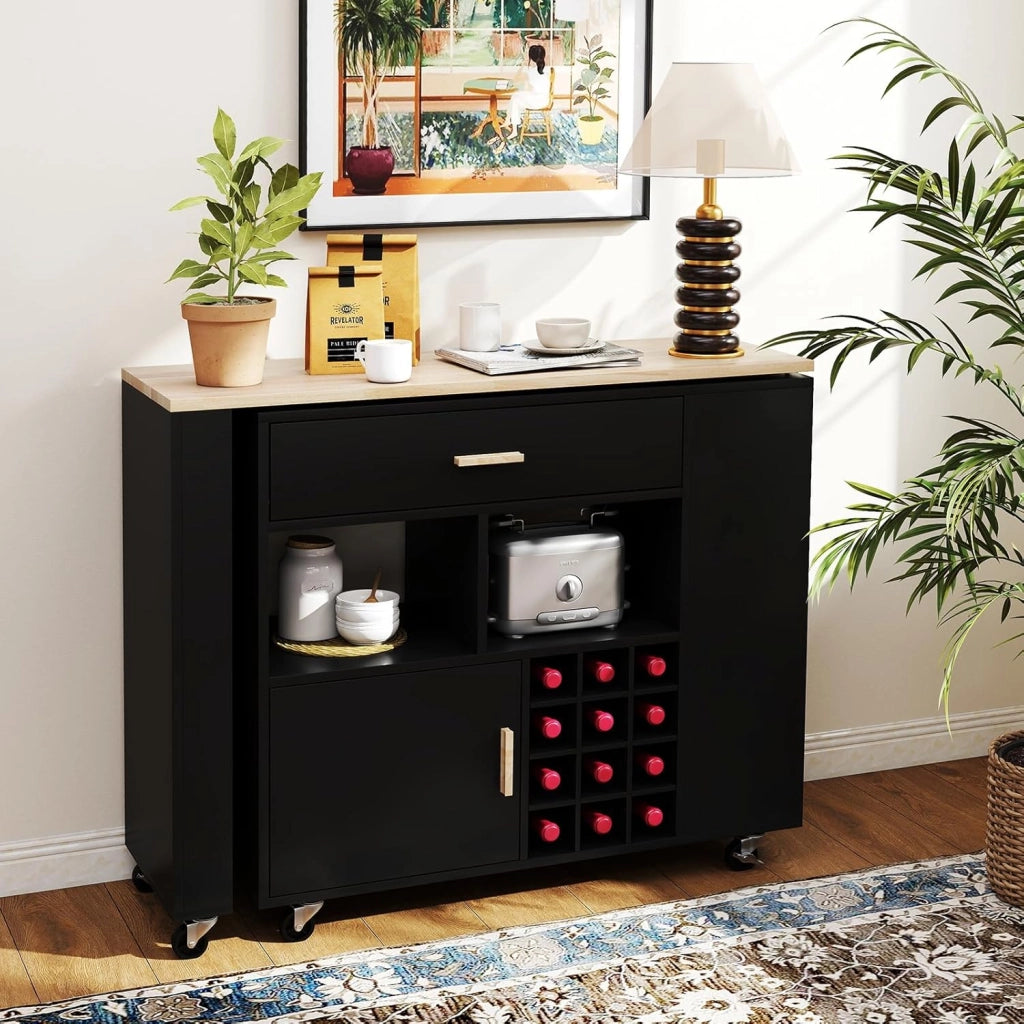 2 in 1 Carrello da Cucina, Carrello di Servizio Reversibile con Piano in Legno di Gomma, Ripiano Regolabile Porta Calici per 12 Bottiglie, 120x40x100 cm (Nero)