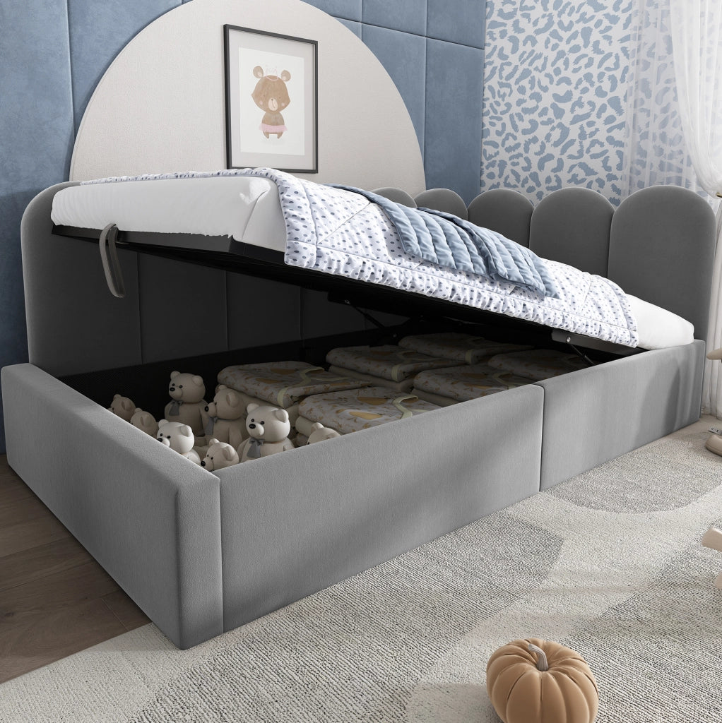 Letto a giorno 90x200 cm con contenitore idraulico; velluto grigio