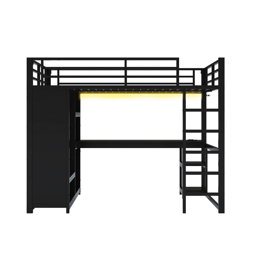 Letto a Soppalco 140 × 200 cm; 2 Posti con Scrivania; LED e Armadio Aperto; senza Materasso; Nero