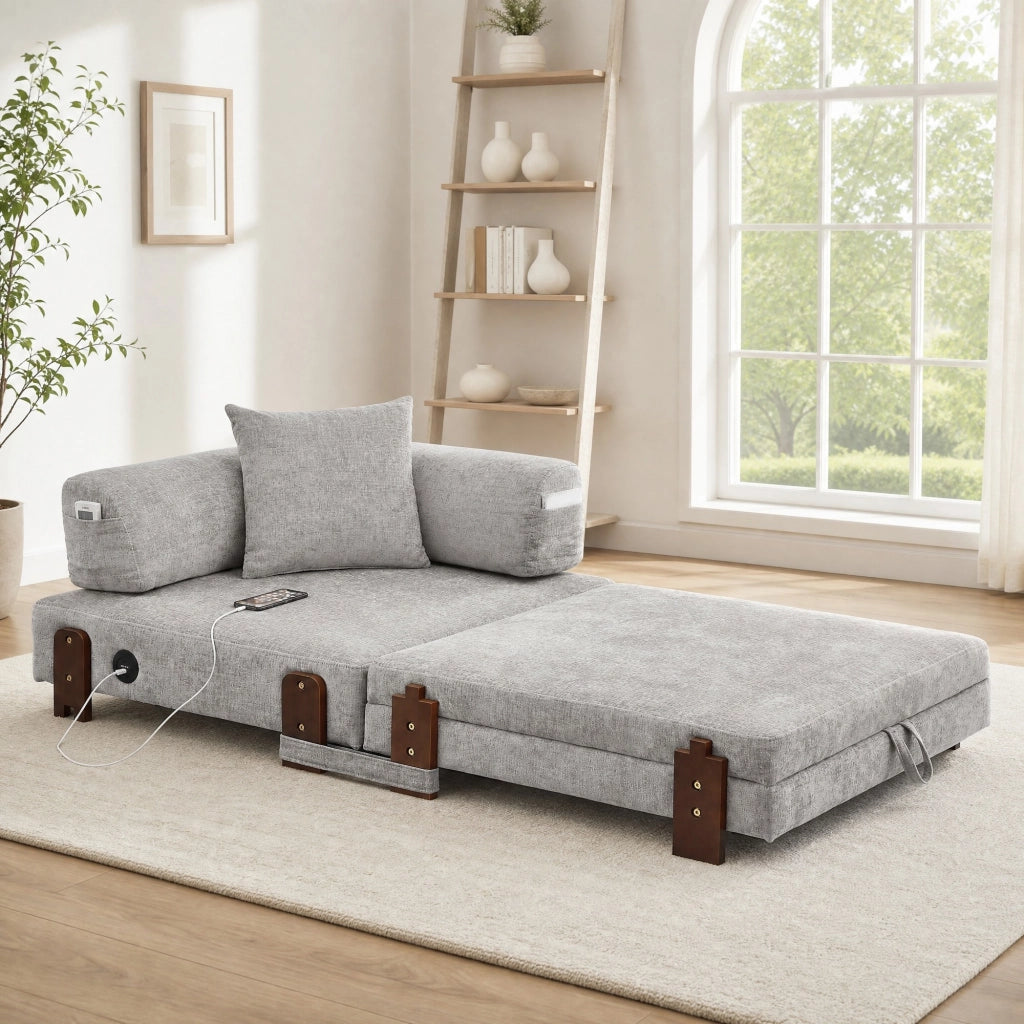 Divano letto pieghevole 2 in 1 con porte USB e Type-C, tasche laterali e box contenitore in tessuto light grey