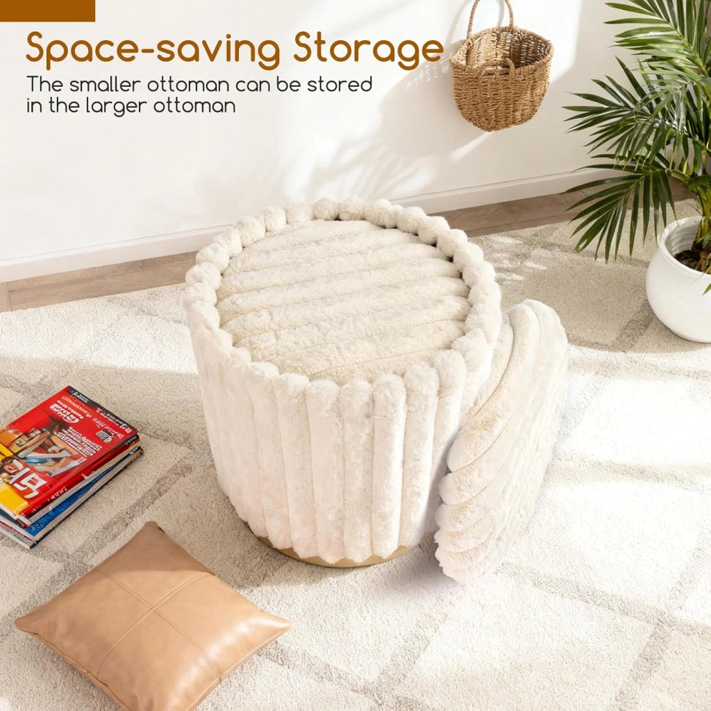 Set di 2 Pouf Rotondi 32 L + 21 L, Pouf Poggiapiedi Imbottito in Pelo di Coniglio con Coperchio Rimovibile e Contenitore Nascosto, Sgabelli Impilabili per Soggiorno e Camera da Letto, Beige