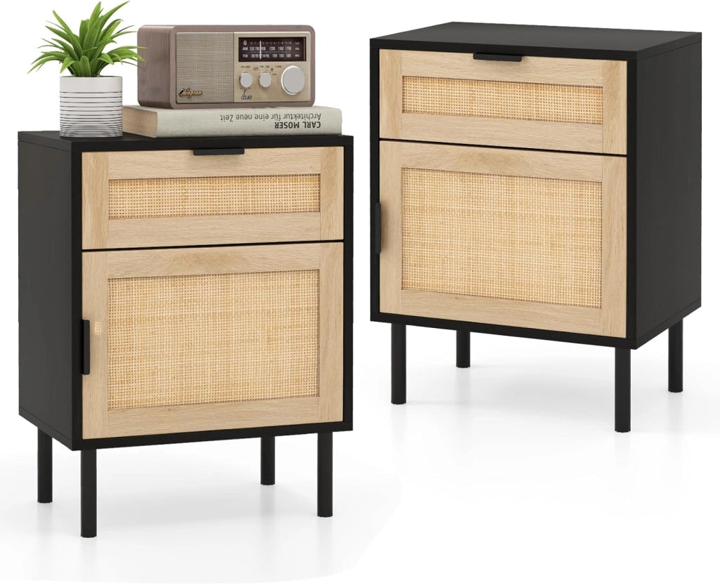 Set di 2 comodini con cassetto e anta in rattan, comodino con gambe in metallo, mobile camera da letto con armatura a porta, per soggiorno, ufficio, 45 x 30 x 59 cm, naturale (nero)