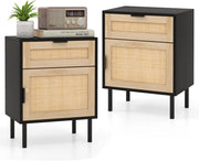 Set di 2 comodini con cassetto e anta in rattan, comodino con gambe in metallo, mobile camera da letto con armatura a porta, per soggiorno, ufficio, 45 x 30 x 59 cm, naturale (nero)