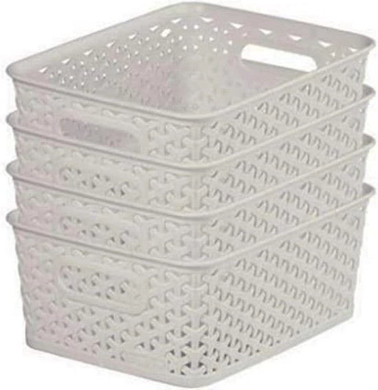 Set di contenitori con effetto rattan, da 4, per cucina, soggiorno, bagno, camera da letto. Contenitori rettangolari da 4 litri, grigio chiaro.