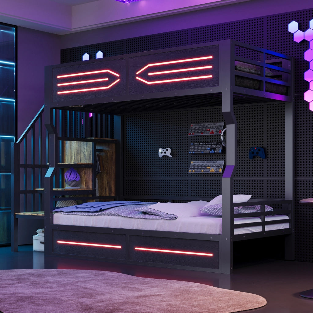 Letto a Soppalco con Contenitore, LED e Scaletta ¨C MINIMAL ¨C Nero 90x200