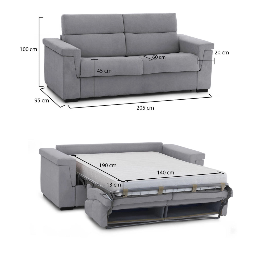 Biscossi, Divano Letto 2 Posti Sfoderabile Made in Italy, 205x95 cm Grigio