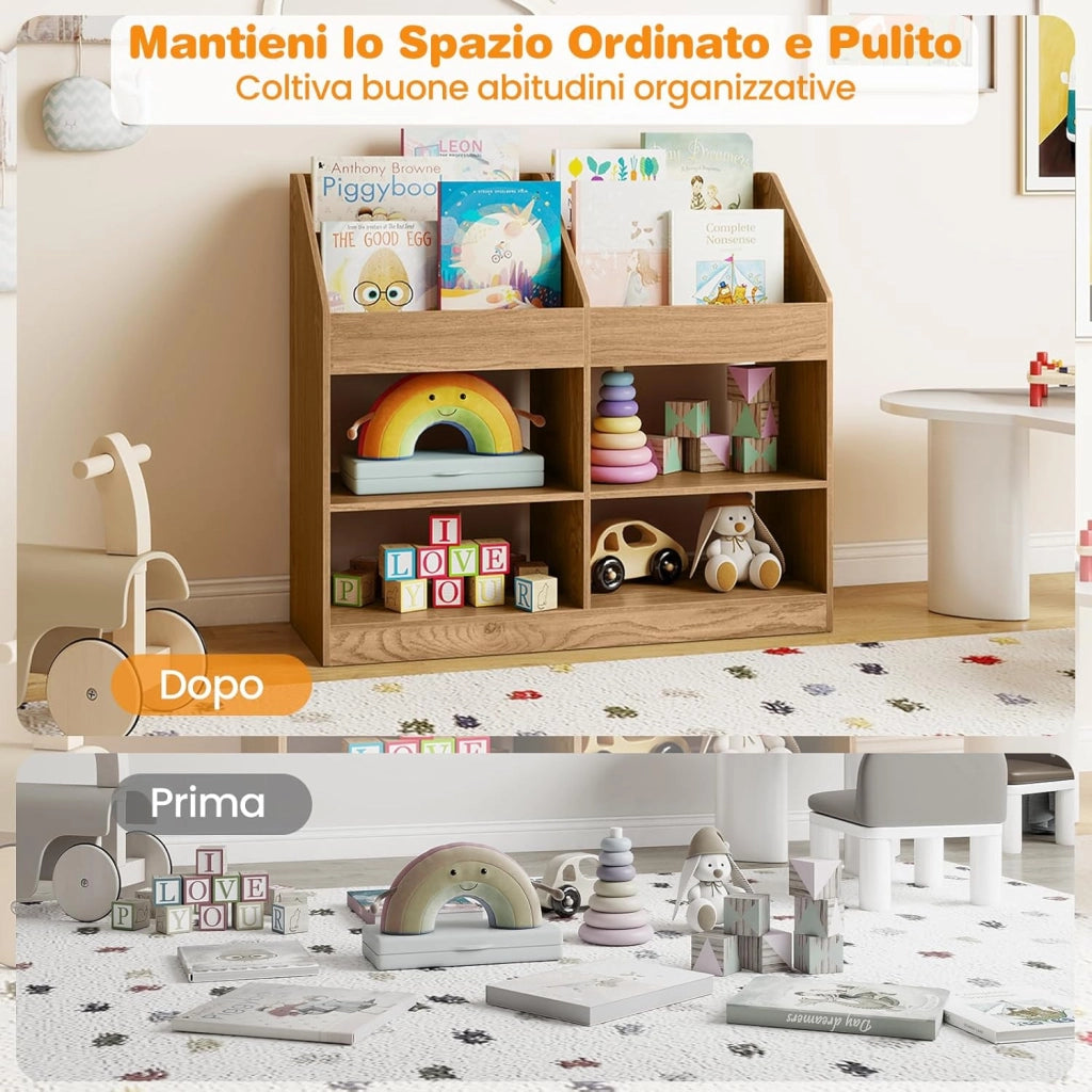 Libreria Montessoriana Porta Libri per Bambini, Scaffale Multifunzione con 4 Cubi e 4 Scomparti, Anti-ribaltamento, Salvaspazio per Cameretta e Stanza dei Giochi, 90x34x80 cm (Naturale)
