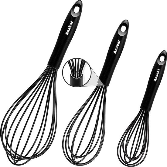 Garda in silicone, set a 3 pezzi, filo in acciaio inossidabile spesso all'interno, garde per pentole resistenti al calore con rivestimento antiaderente, garde a palloncino per sbattere, mescolare, sbattere (nero)