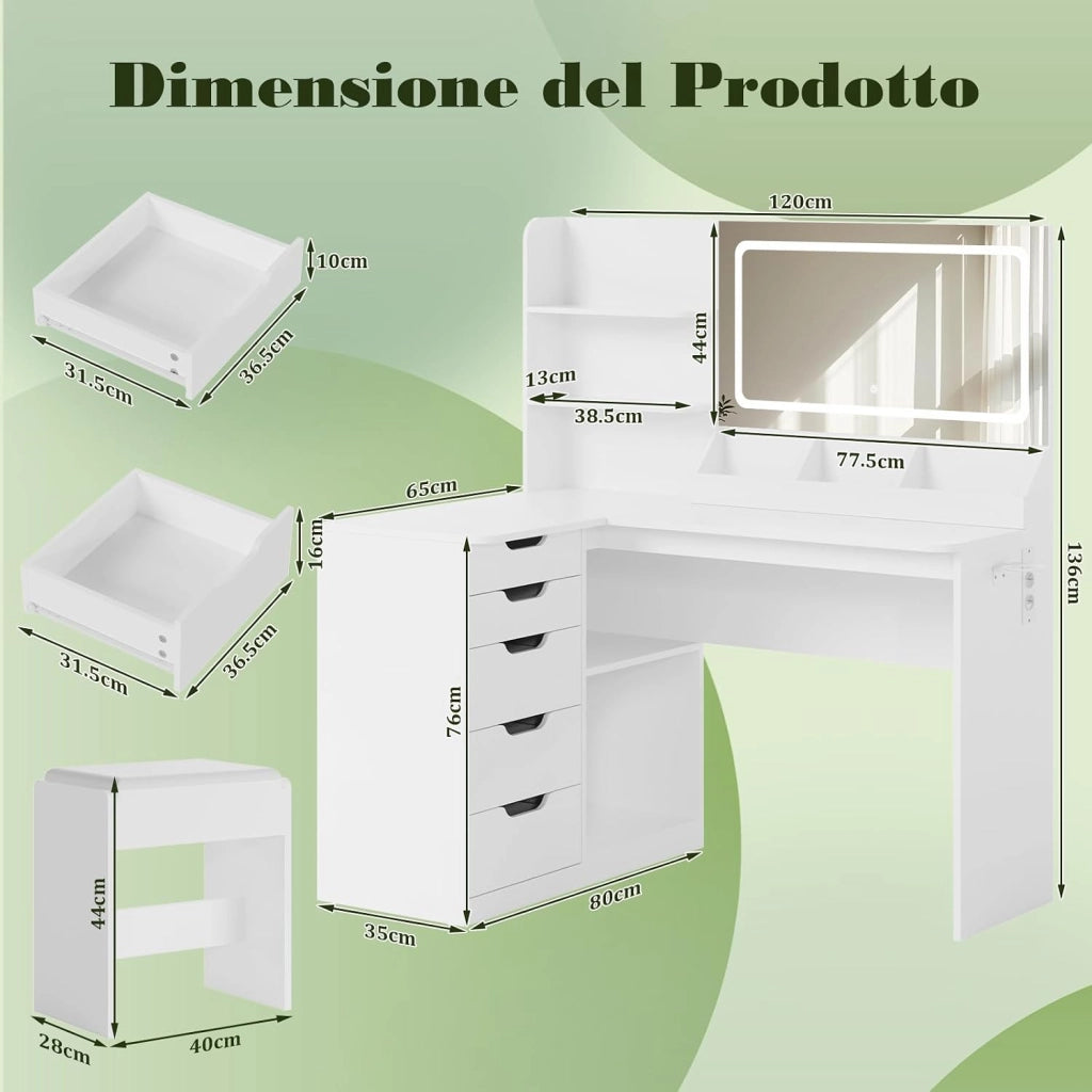 Toeletta Trucco con Luci,Postazione Trucco con Sgabello,Tavolo da Trucco con Specchio,Tavolo ad Angolo con Presa Elettrica, 5 Cassetti, Ripiani Aperti,Moderno per la Camera (Bianco)
