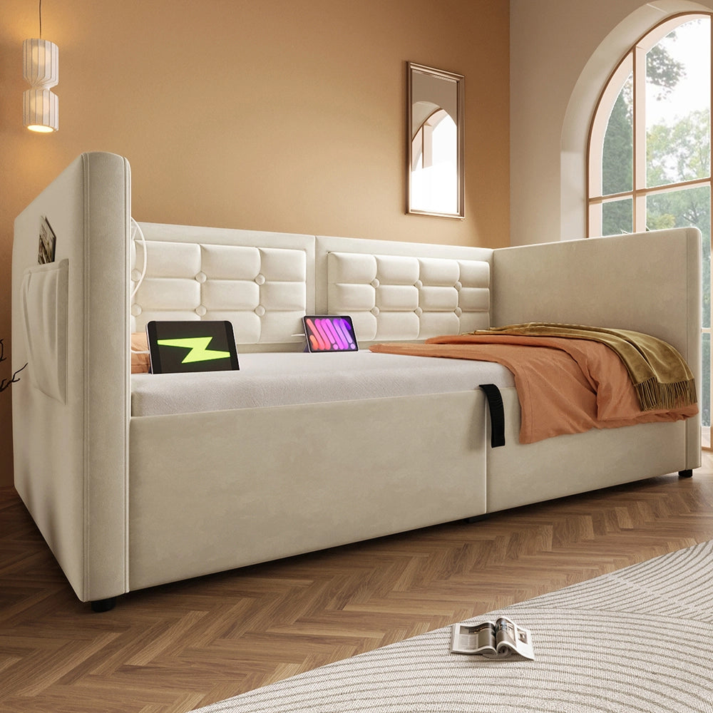 Divano letto-Xylo-90x200 cm-idraulico, USB-C, doghe legno, velluto, beige