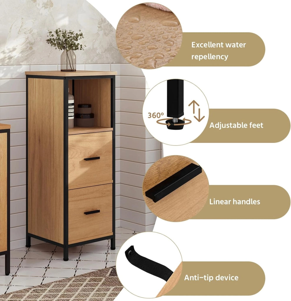 Mobile da Bagno a Terra, Mobiletto da Bagno a Colonna, 1 Scomparto Aperto e 2 Cassetti Estraibili, per Salotto, Camera, Cucina, in Legno e Metallo, 30x30x80cm, Nero+Rovere Chiaro