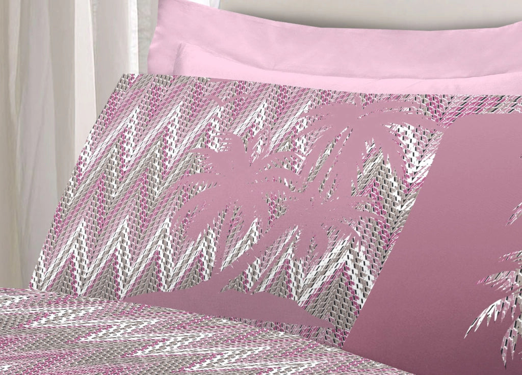 Completo Lenzuola Letto Pensieri Delicati 100% Cotone Dis. Palme Spinato - Piazza E Mezza - Rosa