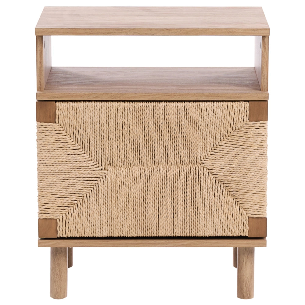 Comodino in truciolato marrone chiaro con frontale in corda di carta Stile boho moderno Contenitore per camera da letto