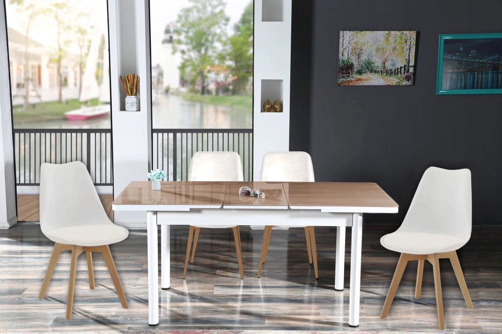 Tavolo da sala bianco allungabile in vetro temperato marrone 130-170cm con 4 sedie e cuscini Sicorage LEGRES