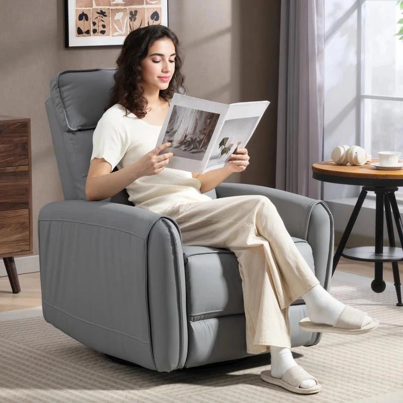 POLTRONA RELAX RECLINABILE MANUALMENTE CON POGGIAPIEDI IN TESSUTO EFFETTO PELLE E BASE GIREVOLE, GRIGIO