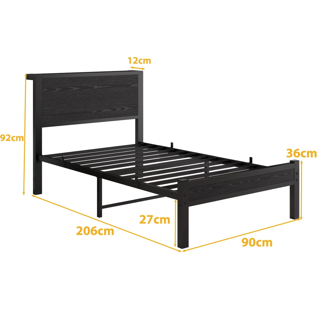 Letto singolo 90 × 200 cm con contenitore sottoletto, struttura in metallo e MDF, senza materasso, nero