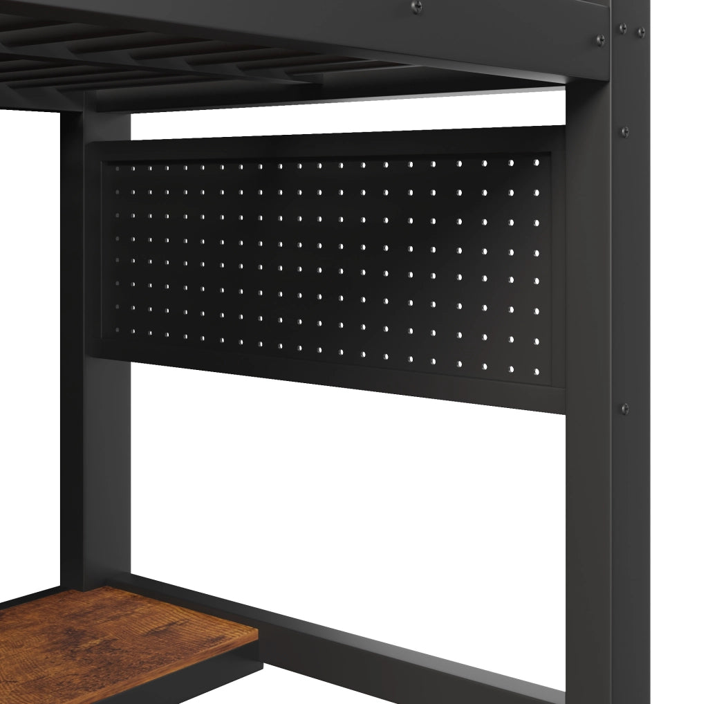 Letto a soppalco 90x200 cm con scrivania; asta appendiabiti; pannello forato; metallo nero