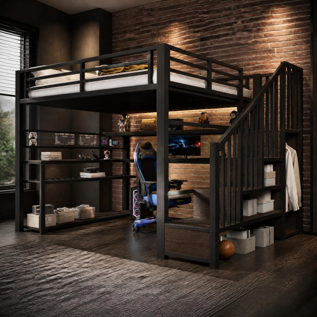 LETTO a soppalco gaming 140x200 cm MDF e metallo nero con LED, scrivania e armadio