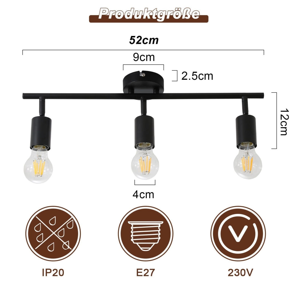 ZMH Faretto da soffitto nero - Lampada da soffitto con faretti E27 orientabili a 350° per camera da letto vintage