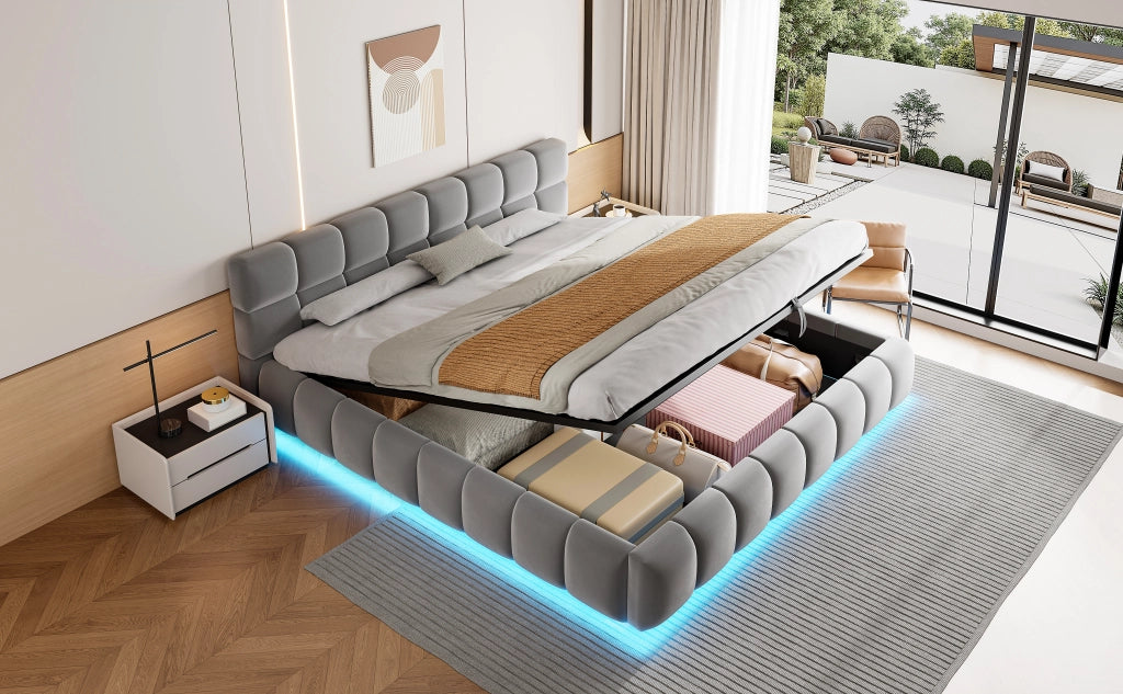 LETTO imbottito 180x200 cm in velluto grigio con contenitore idraulico e LED