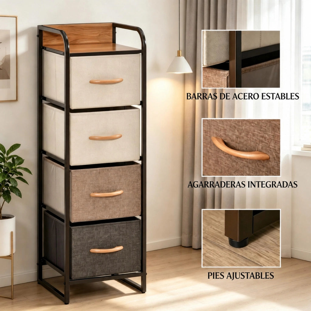Cassettiera stretta ULEVR 31x29x99 cm con 4 cassetti in tessuto, MDF e acciaio, beige e marrone